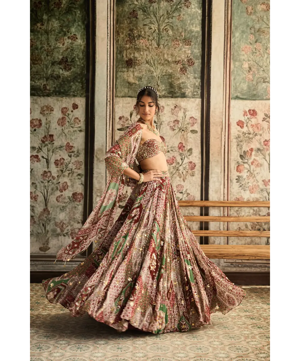 DIYARAJVVIR - Sage-Maroon Print and Highlighted Strapless Blouse with Lehenga Set
